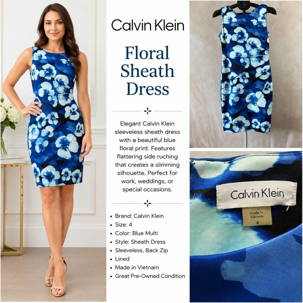 Calvin Klein Dress Women Size 4 Blue Floral Ruched Sheath Midi Sleeveless